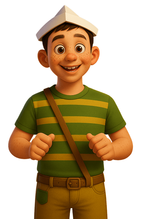 Ilustración de un niño animado sonriente con un sombrero de papel y una camiseta verde a rayas